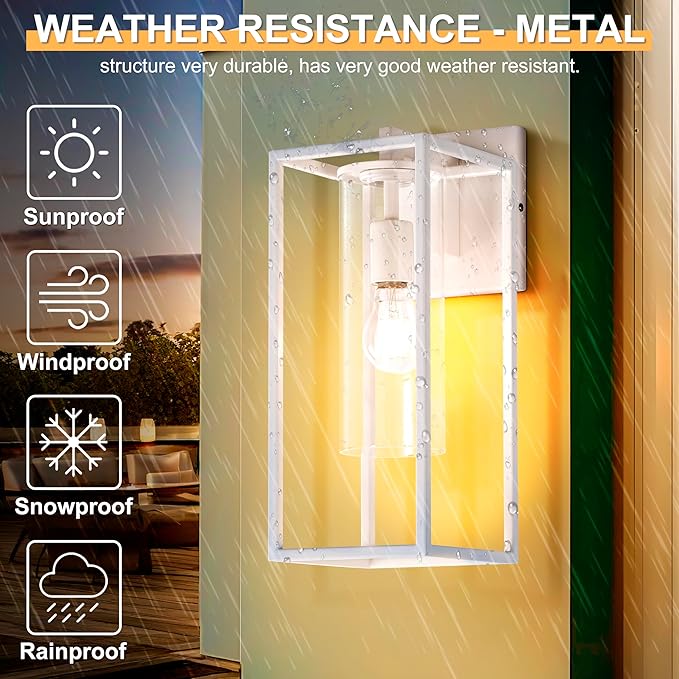 15.7 Inch Outdoor Wall Lights, Outdoor Wall Lantern with Circular Clear Glass Shade, Waterproof Exterior Lighting Fixtures, Modern Front Porch Lighting for House, Garage, E26 Base, ETL Listed, White