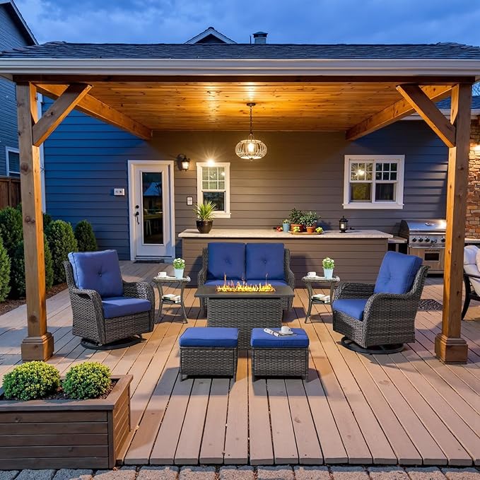 8 Piece Outdoor Patio Furniture Set - 41" CSA Propane Fire Pit Table Patio Conversation Set with Swivel Rocker Outdoor Chairs, Wicker loveseat and Ottoman for Outside Casual Gathering