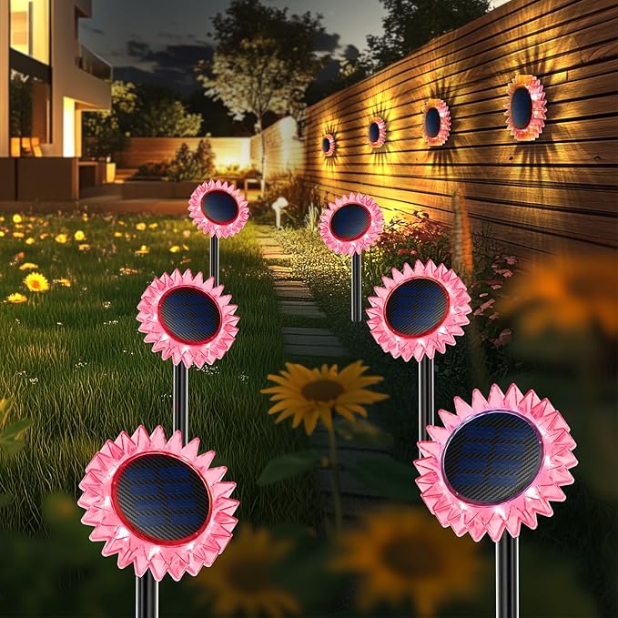 Hogni 6PK Solar Garden Lights, Ground Stake/Hang 2 in 1 Solar Sunflowers Outdoor Waterproof IP67, Outdoor Decor for Pathway Walkway Landscape Backyard Fence Decoration