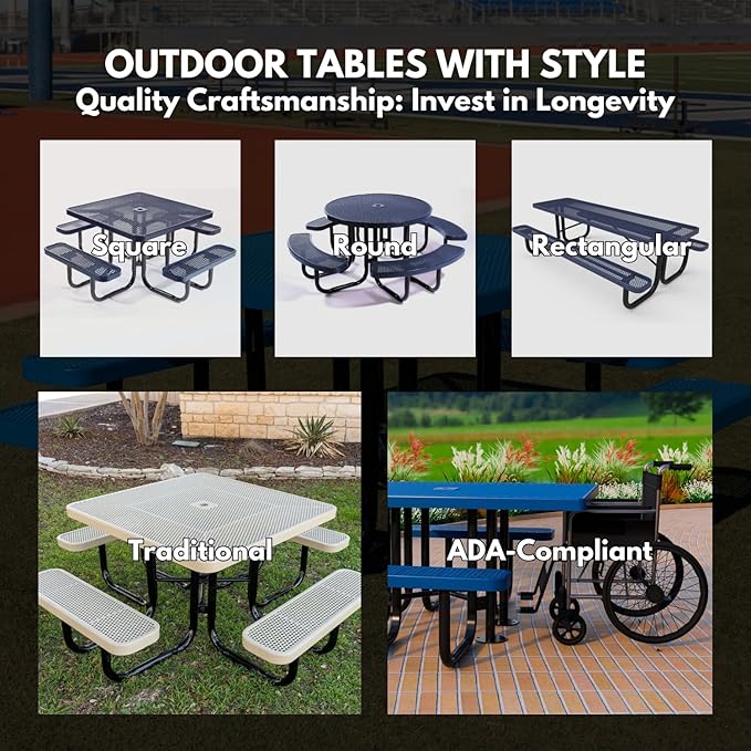Heavy-Duty Portable Outdoor Picnic Table with Umbrella Hole, Punched Steel Commercial-Grade Patio Furniture Made in America (46" Round Top, Dark Blue with Dark Blue Frames)