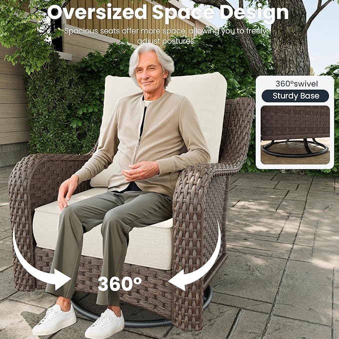 5 Pieces Outdoor Patio Furniture Sets with Rocking Swivel Chairs with 6-inch Thick Cushion and Fire Pit Table for Deck Lawn