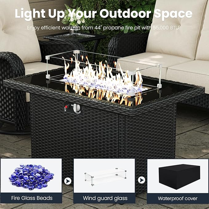 10 Pieces Outdoor Patio Furniture Sets with Rocking Swivel Chairs with 6-inch Thick Cushion and Fire Pit Table for Deck Lawn