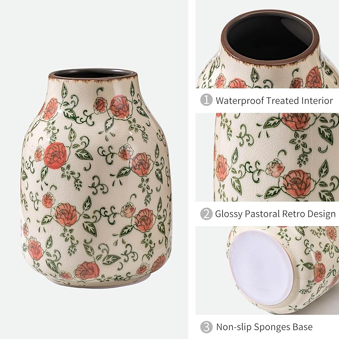 Green and Beige Vintage Round Vase, Red Rose Chinoiserie Floral Vase, Farmhouse Antique Decorative Ceramic Flower Vases for Bouquet, Home Decor, Living Room, Bookshelf, Office, Tuscan Decor 7.8 Inch