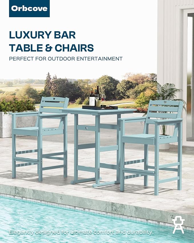 5-Piece Bar Height Outdoor Table and Chairs Set, HDPE Wood Grain Patio Bar Table and Chairs with Heart Cutout Design, Weather-Resistant Bar Height Furniture for Deck, Porch, Pool (Light Blue)