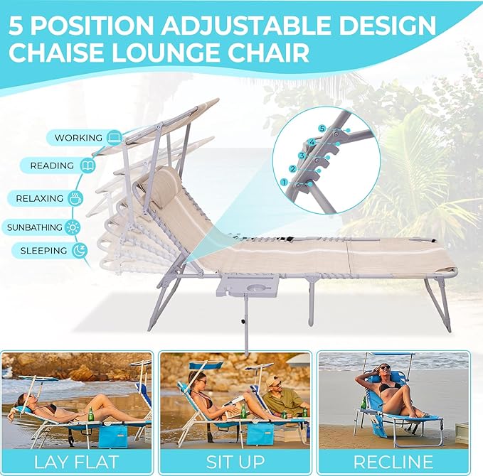 #WEJOY 4 in 1 Tanning Chair with Face Hole & Canopy & Side Table, 5 Positions Adjustable Folding Waterproof Facedown Chaise Lounge with Pillow Quick Dry for Beach Pool Outdoor Camping Patio (Khaki)