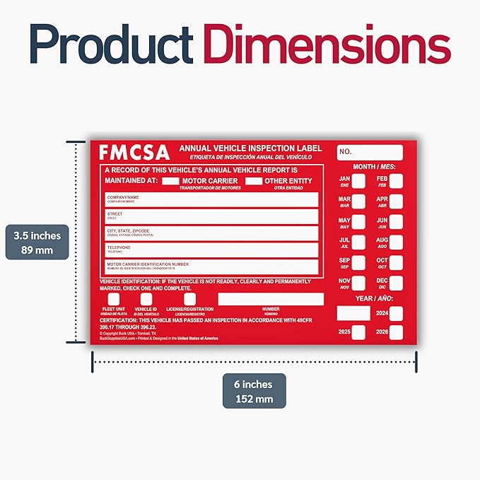 50 Pack Buck Aluminum Annual Vehicle Inspection Label with Punch Boxes, 2 Mil Red FMCSA Self Adhesive Sticker, DOT Compliant, Weatherproof, Tear Resistant, Easy to Write On, 6" x 3.5" - Made in USA