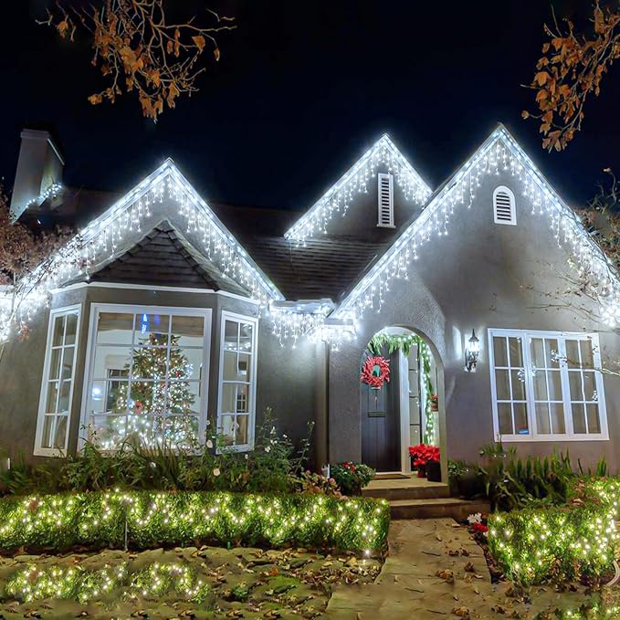 132ft Icicle Lights for Outside, 1280 LED White Christmas Lights Outdoor with 240 Twinkle Drops, 8 Modes Plug in Waterproof Timer Memory for Tree Wedding Party House Patio Eave Yard Holiday Decoration