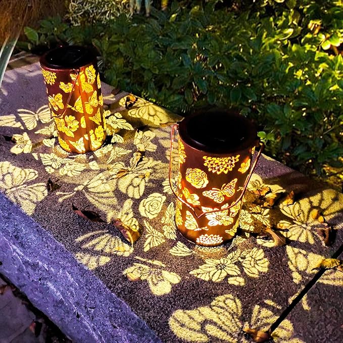 2 Pack Butterfly Solar Gardening Gifts Lanterns Decorative Outdoor, Flower Pattern Solar Hanging Lights Waterproof, Garden Decor Gifts for Women Mom Grandma, Yard Gifts for Patio, Pathway