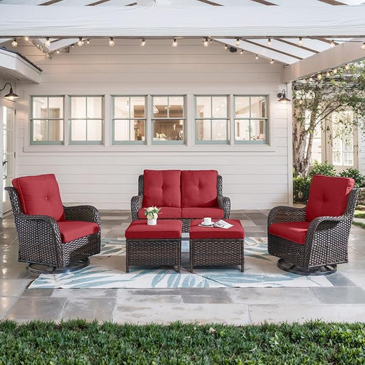 5 Piece Outdoor Patio Furniture Set - Wicker Furniture Patio Conversation Set, Outdoor Swivel Rocker Chairs with Loveseat Sofa and 2 Ottomans for Small Space, Red Cushion