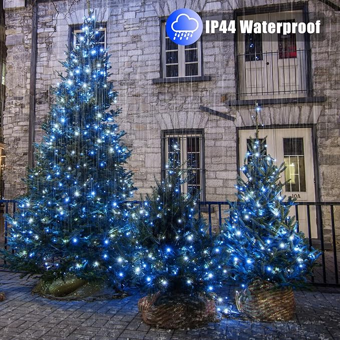100 LED Christmas Lights Outdoor - 33ft Christmas String Lights 8 Modes Plug in Waterproof Twinkle Fairy Lights with Timer Memory for Indoor Outside Bedroom Home Party Decoration, Blue&White