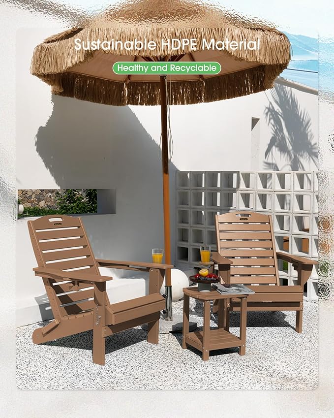 Adirondack Chairs Set of 2, Outdoor Fire Pit Chairs, HDPE All-Weather Adirondack Chairs with Cup Holder, Lawn Chair for Deck, Patio, Garden (Teak)