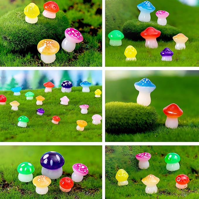 150 Pcs 18 Styles Mini Resin Luminous Mushrooms, Glow in The Dark Little Resin Mushroom for Garden Landscape Bonsai Craft Ornament