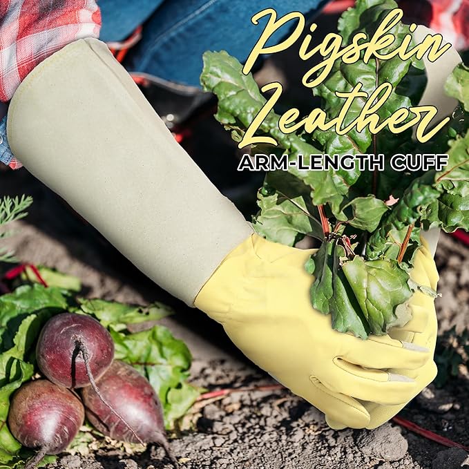 HANDLANDY Rose Pruning Gardening Gloves for Men Women, Thorn Proof Forearm Protection Leather Garden Gloves, Gardening Gifts for Gardeners (Beige- goatskin, Medium (Pack of 1))