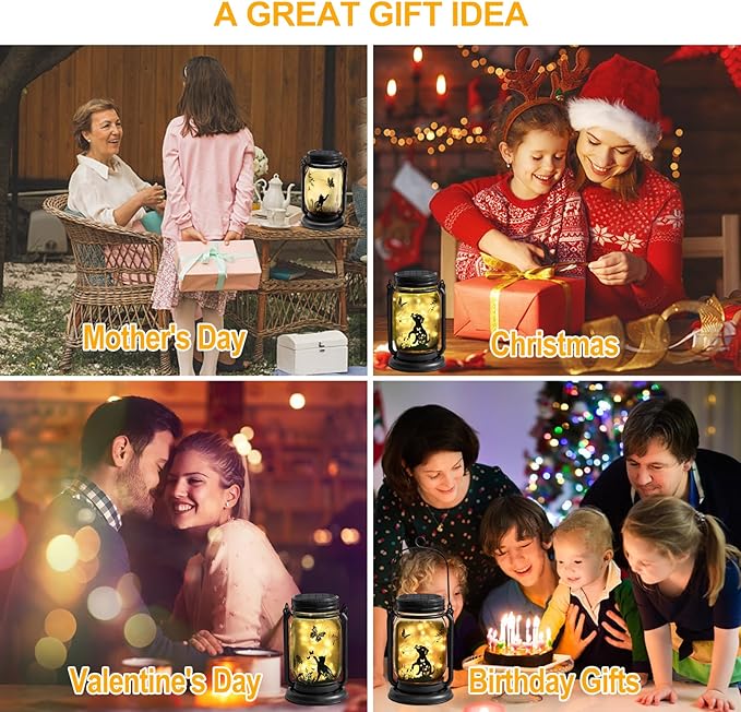 4 Pack Outdoor Hanging Solar Lantern, Cat & Dog Butterfly Theme Vintage Glass Mason Jar Solar Fairy Lights, Gifts for Mom, Father, Waterproof Garden Lights for Patio Yard Lawn Tree Party Decor