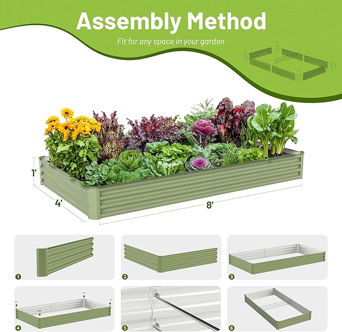 8x4x1ft Raised Garden Bed-Outdoor Galvanized Planter Box for Vegetables, Fruits,Herbs, Flowers, Metal Raised Garden Bed kit-Green