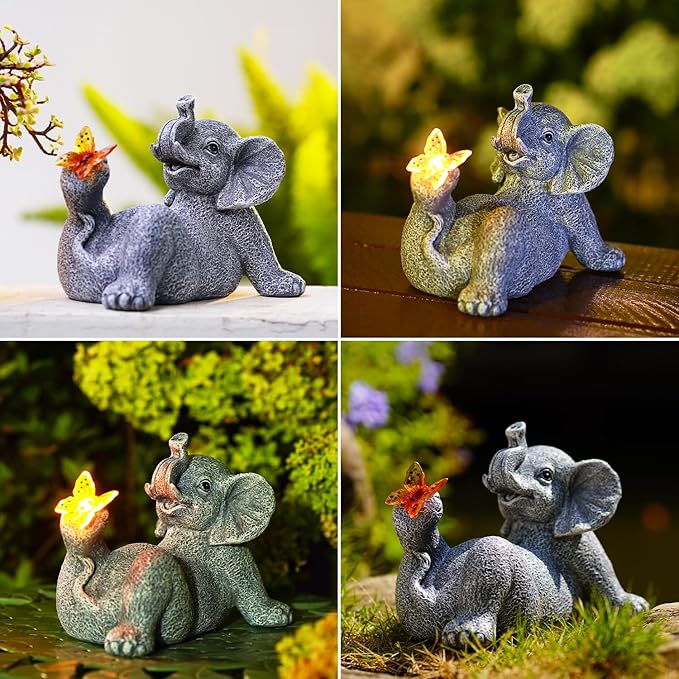Goodeco Elephant Statue with Solar Butterfly - Ideal Gifts for Women, Mom or Birthdays, Beautifully Crafted Outdoor Decorations to Wow Your Guests