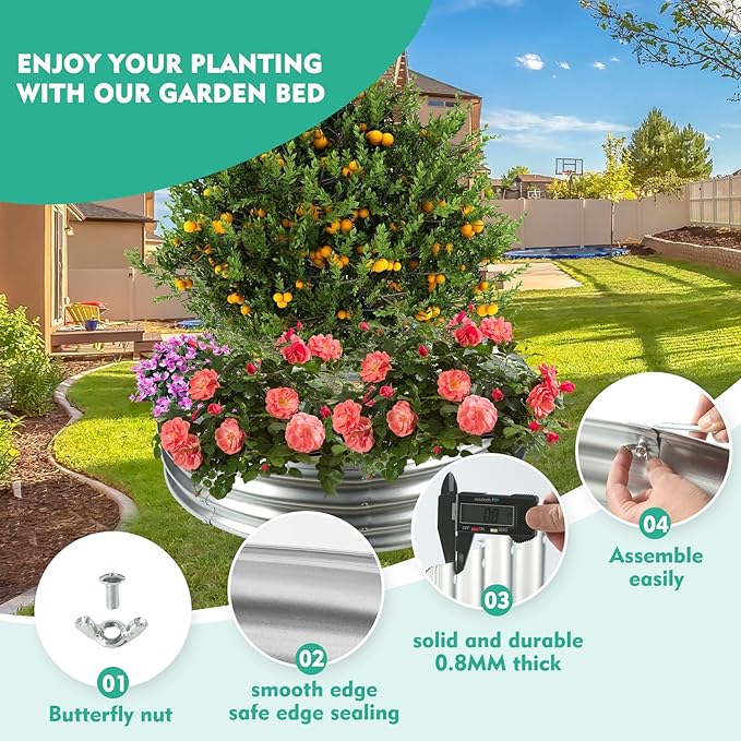 36 Inch Diameter Silver Galvanized Garden Raised Bed/Plant Box/Fire Ring-0.8mm Thick,12 Inch Tall,Crimped Edge and Corner,No Sharpe,Perfect for Plantings (3FT Diameter, Round)