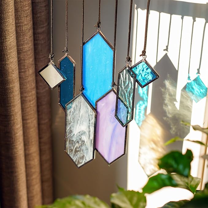 HDCRYSTALGIFTS Stained Glass Window Hanging Suncatchers - 7 Pieces Handcrafted Element Earth Tones Set,Modern Blue Wall Art Sun Catchers Indoor Window Glass Decor Gifts for Mom,Grandma