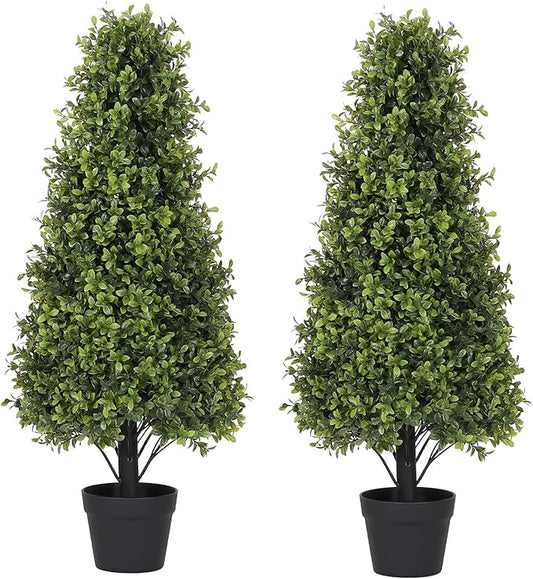 3ft Artificial Boxwood Topiary Trees (Set of 2) - UV Resistant Faux Plants Outdoor, Realistic 36" Fake Cone Bushes and Shrubs for Front Porch, Planter, Patio - Low Maintenance & Evergreen