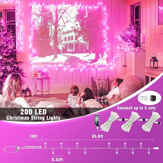 300 LED Pink String Lights, 99ft Pink Christmas Lights Outdoor 8 Modes Clear Wire, Plug in Waterproof Twinkle Fairy Lights for Bedroom Indoor Wedding Christmas Party Decorations