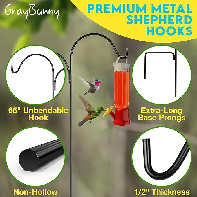 Gray Bunny Dual Sided Shepherds Hooks for Outdoor - 65" Heavy Duty Metal Bird Feeder Pole & Lantern Pole, 1/2" Thick Plant Hangers Outdoor, Great for Weddings Décor & Mason Jars - Black