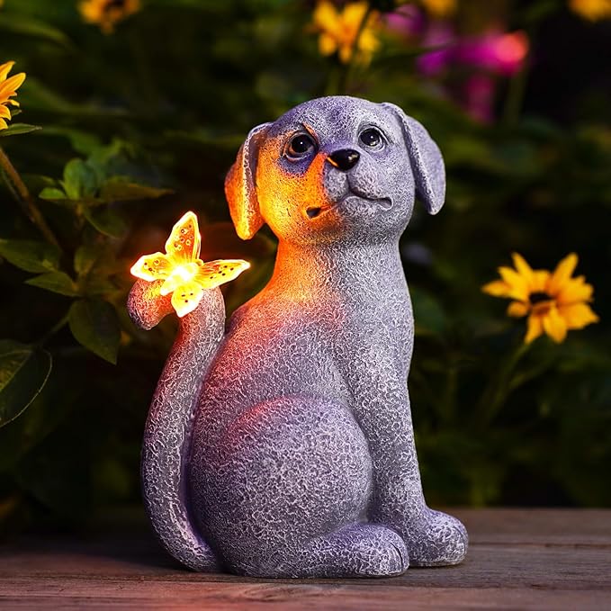 Garden Decor Solar Dog Statues: Outdoor Sculptures with Glowing Butterfly for Lawn Ornaments Yard Art Porch Patio Balcony - Gifts for Mom Grandma Women
