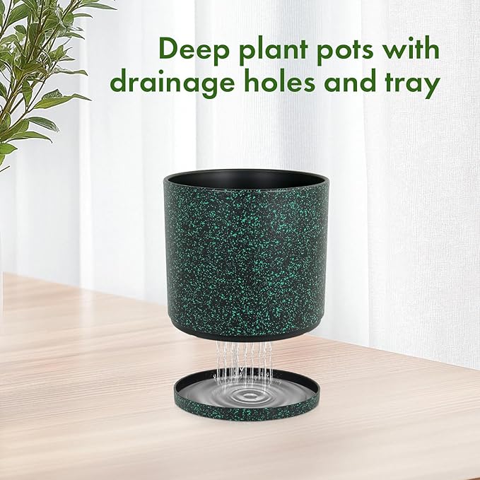 8/7/6 inch Plant Pots, 3 Pack Cylindrical Flower Pots for Outdoor Indoor Plants, Decorative Plastic Planters with Drainage Holes and Saucers for Garden House Plants, Black with Green Speckles