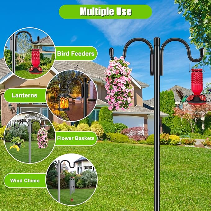 Gtongoko Double Shepherds Hook for Outdoor, 77 Inch Heavy Duty Bird Feeder Pole 3/4 Inch Thick Garden Hooks for Hanging Hummingbird Feeder, Plant Baskets, Solar Light Lanterns, 1 Pack