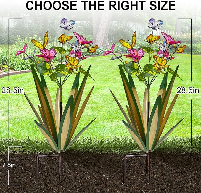 Garden Outdoor Butterfly Enlarge Thickened Wind Resistant Metal Agave Garden Art Metal Plant Country Sculpture Statue Decorations Ornaments Artificial Waterproof Butterflies(Light Green 2pcs)