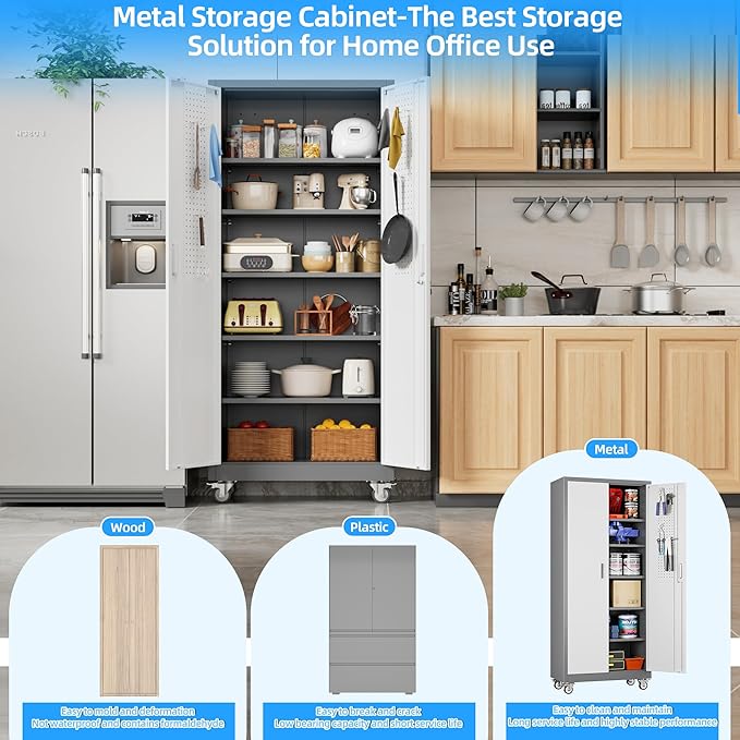 71" H×32" W×16" D Garage Storage Cabinet with Wheels & Pegboard, Locking Metal Storage Cabinet with Doors and 5 Adjustable Shelves & & 4 Hooks for Garage Warehouse Home Office, White and Gray