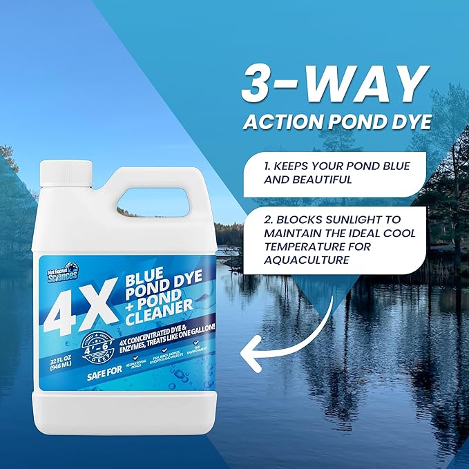 32oz 4X Blue Pond Dye + Pond Cleaner, Blue Dye for Ponds and Lakes, 2-in-1 Lake Colorant + Enzymes, Makes Murky Water Clean & Beautiful, Keeps The Water Cool, Clear, and Ideal for Fish & Wildlife