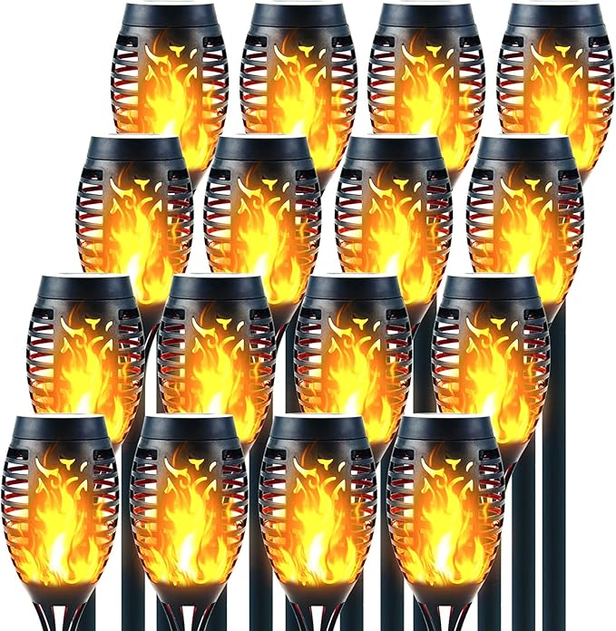 12LED Mini Solar Tiki Torches with Flickering Flame - Waterproof Outdoor Torch Lights with Auto On/Off, Super Bright Landscape Lighting for Yard, Garden, Patio & Pathway Decor (Set of 16)