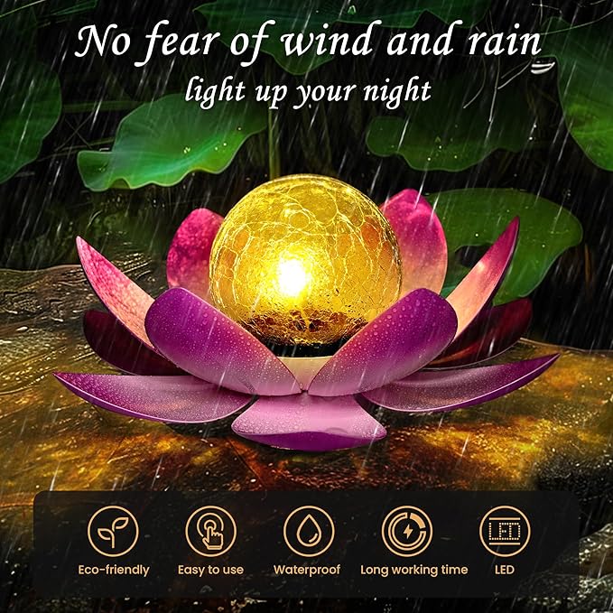GIGALUMI Solar Light Outdoor Garden Decor, Lotus Flower Light Crackle Globe Glass Lantern Outdoor Table Decor Waterproof for Patio, Lawn, Pathway, Pool, Pond, Christmas Gift (Pink Petal)