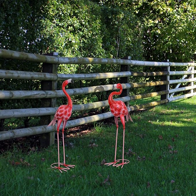 2Pcs Metal Flamingo Statues, Hot Pink Flamingo Outdoor Decor for Garden Home Patio Lawn Backyard Ornaments