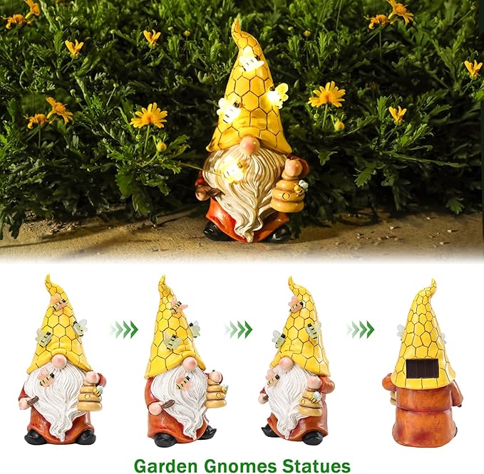 Garden Gnome Statue with Bee Solar Lights, Resin Gnome Figurine for Outdoor Decor, Porch Patio Yard Decorations