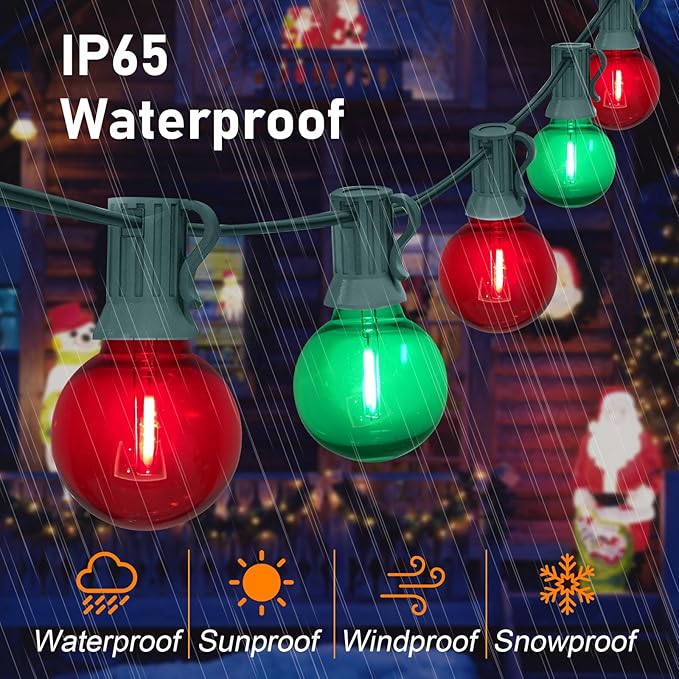 GOOTHY 50Ft Outdoor Red/Green Christmas Lights, G40 Globe Patio String Lights with 25 Ceramic Colorful Bulbs(2 Spare), Outside Christmas Lights for Holiday Party Backyard Christmas