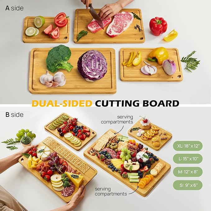4-Pcs Natural Wood Cutting Board Set Kitchen Tools with Juice Groove, Wooden Chopping Board for Meat, Fruit, Vegetables & Cheese (Pre Oiled, Natural)