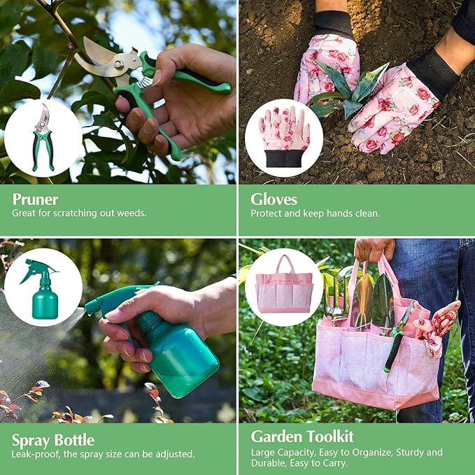 Gardening Tools of 9 Pieces | Stainless Steel Heavy-Duty Gardening Hand Tools with a Delicate and Durable Storage Bag and Anti-Slip Rubber Gloves | Pink