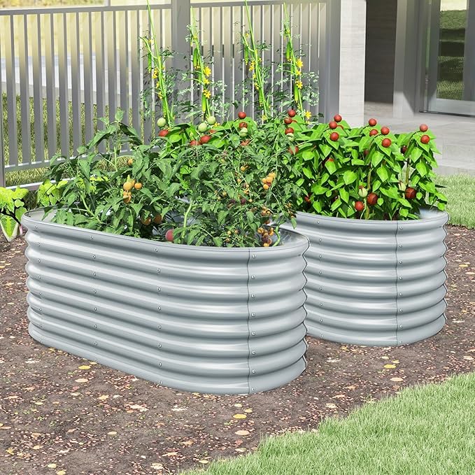 Giantex 5x3x2ft Raised Garden Bed, Large Metal Elevated Oval Planter Bed, 193 Gallon Capacity, Outdoor Planting Garden Box for Vegetable Flower Herb Grow (Grey)