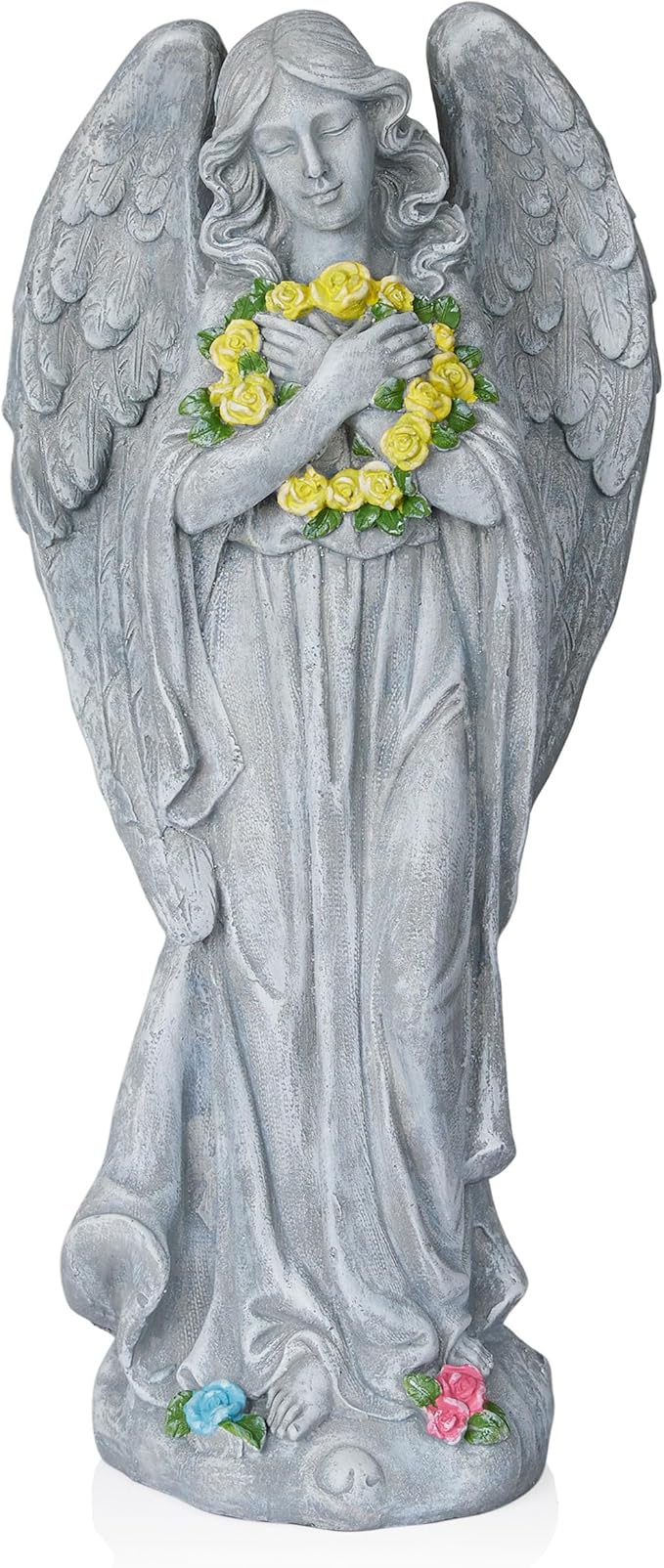 Alpine Corporation MCC832 Angel with Yellow Flower Wreath Statue, Meaningful Décor for Garden, Patio, & Lawn, 29" H, Multicolor