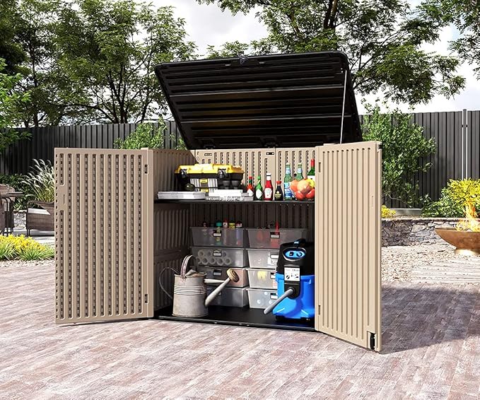 HOMSPARK Storage Shed Weather Resistance, Multi-Purpose Outdoor Storage Cabinet for Backyards and Patios, Horizontal Storage Shed for Lawnmower, Patio Accessories (Coffee, X Large - 48 cu.ft)