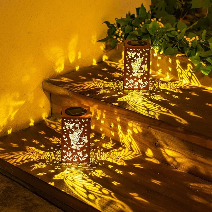 2pack Solar Lanterns Outdoor Hanging Butterfly Lights Metal Fairy Lantern Decorative Garden Waterproof Light Decor for Garden Patio,Yard ,Balcon ,Birthday Christmas Gifts for Mom Grandma Women