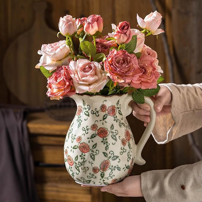 Green and White Vintage Vase with Handle, Red Rose Chinoiserie Floral Pitcher Vase, Rustic Ceramic Farmhouse Vases for Home Decor, Living Room, Bookshelf, Office, Grand Millennial Decor 7.9 Inch