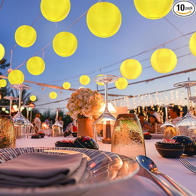 10 Pack Outdoor Silk Lanterns Decorative, 10inch Waterprooof Outside Indoor Chinese Hanging Round Lanterns for Weddings, Birthdays, Parties Decoration(Yellow)
