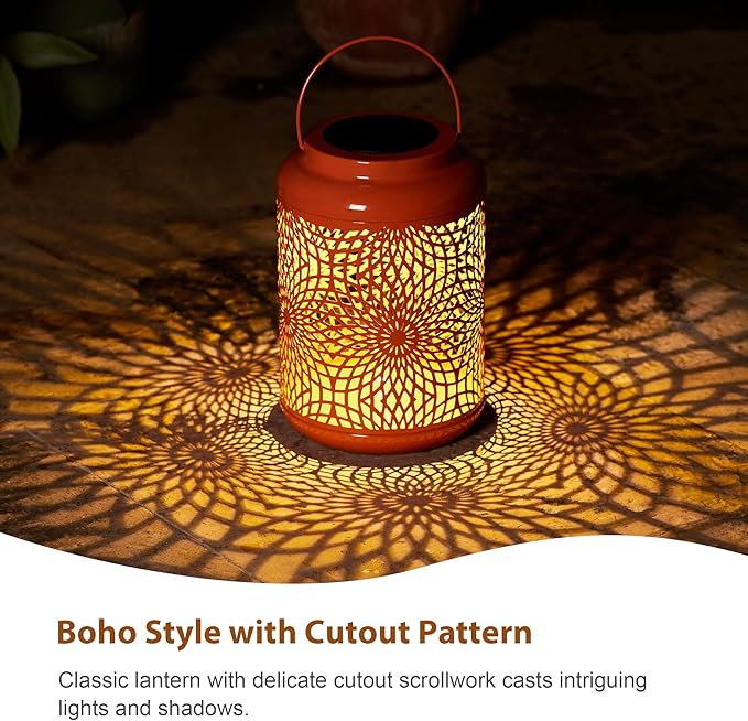 Glitzhome Solar Lantern Orange Metal Cutout Scrollwork Outdoor Hanging Solar Light with Handle for Garden Patio Yard Outdoor Decor