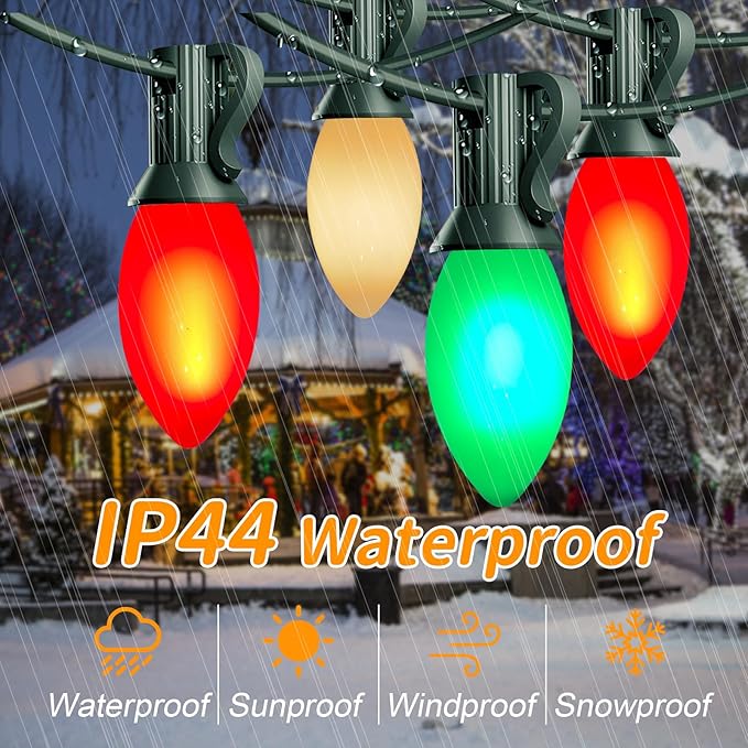25Ft Red, White, and Green C9 Outdoor Christmas Lights with 26 Incandescent Bulbs (1 Spare), Extendable C9 Christmas String Lights for Tree, Roofline