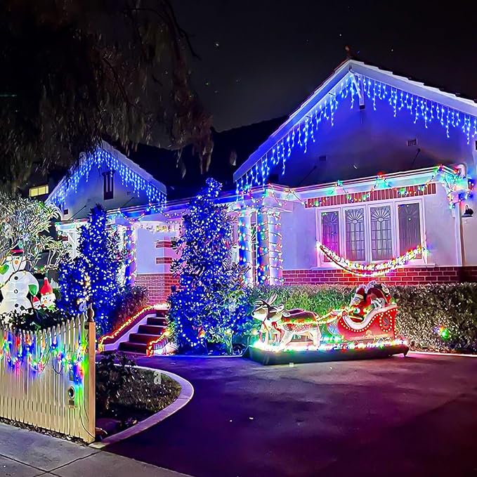 Icicle lights Outdoor - 33ft Christmas Lights with 400LED 75 Drops 8 Modes, Plug in Curtain String Lights Waterproof for Holiday Wedding Party Home Garden Bedroom Indoor Outdoor Decoration, Blue