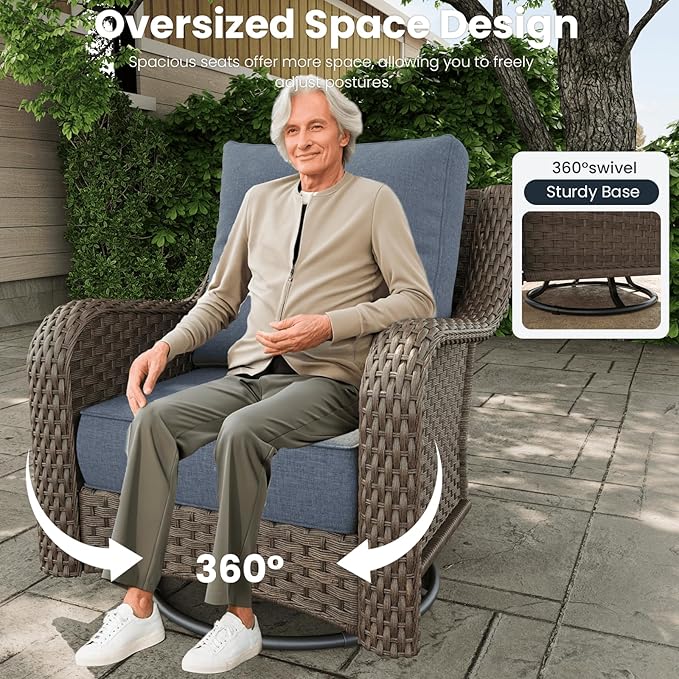 7 Pieces Outdoor Patio Furniture Sets with Rocking Swivel Chairs with 6-inch Thick Cushion and Fire Pit Table for Deck Lawn