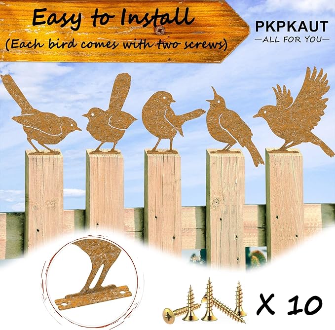 5Pcs Metal Birds Robin Fence Decorations Outdoor Yard Art, Rusty Birds Fence Art Outdoor and Garden, Metal Bird Silhouette Craft Statue Ornaments Fence Topper Decor