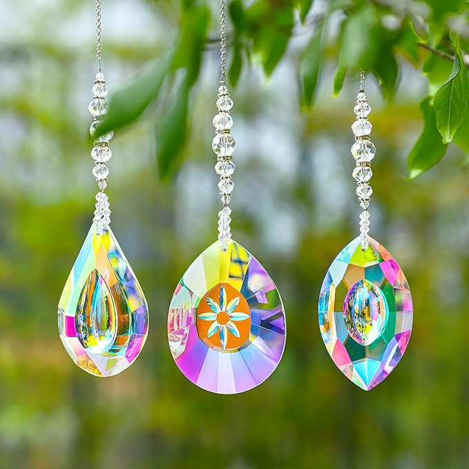 HDCRYSTALGIFTS Pack of 3 Crystal Suncatchers,AB Colored Sun Catchers with Crystals for Window Hanging Rainbow Maker Prisms Suncatchers Indoor Outdoor Decorations Ornaments